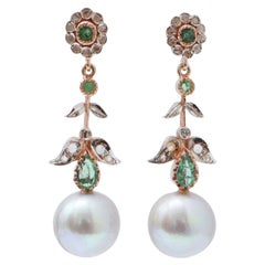 Grey Pearls, Emeralds, Diamonds, Rose Gold and Silver Earrings.