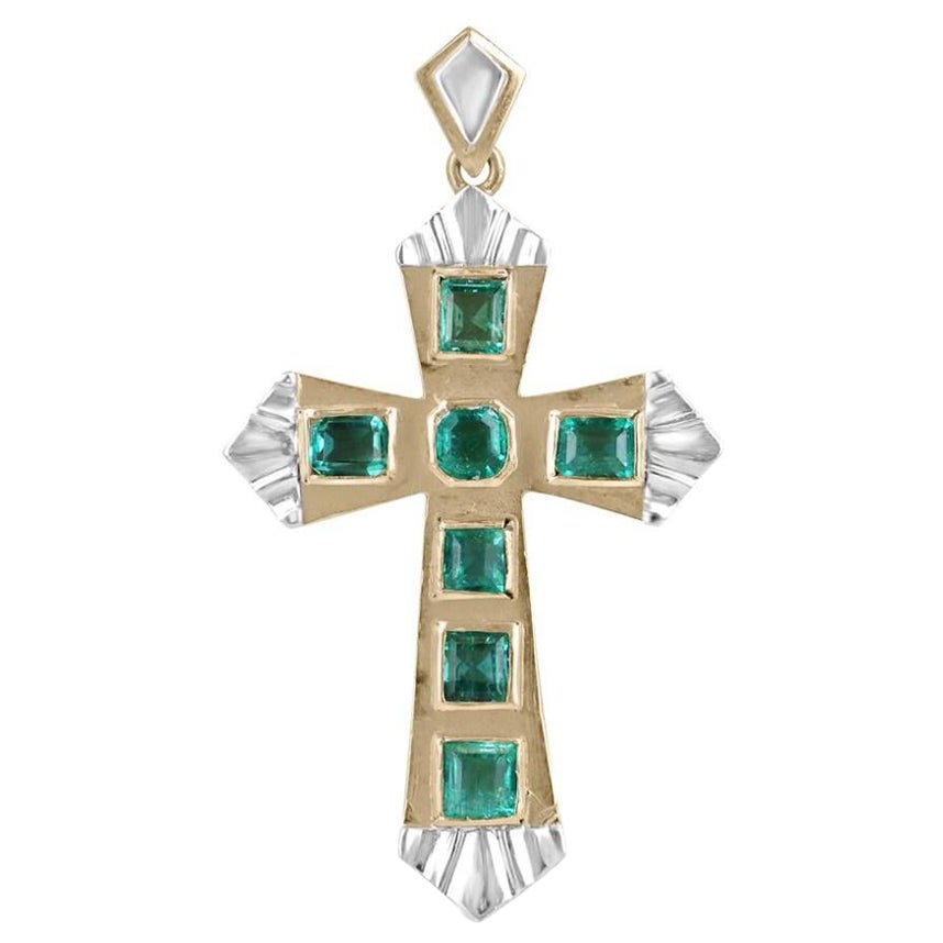Asscher, serti en or bicolore 18 carats avec croix d'émeraude précolombienne de 2,55 ctw