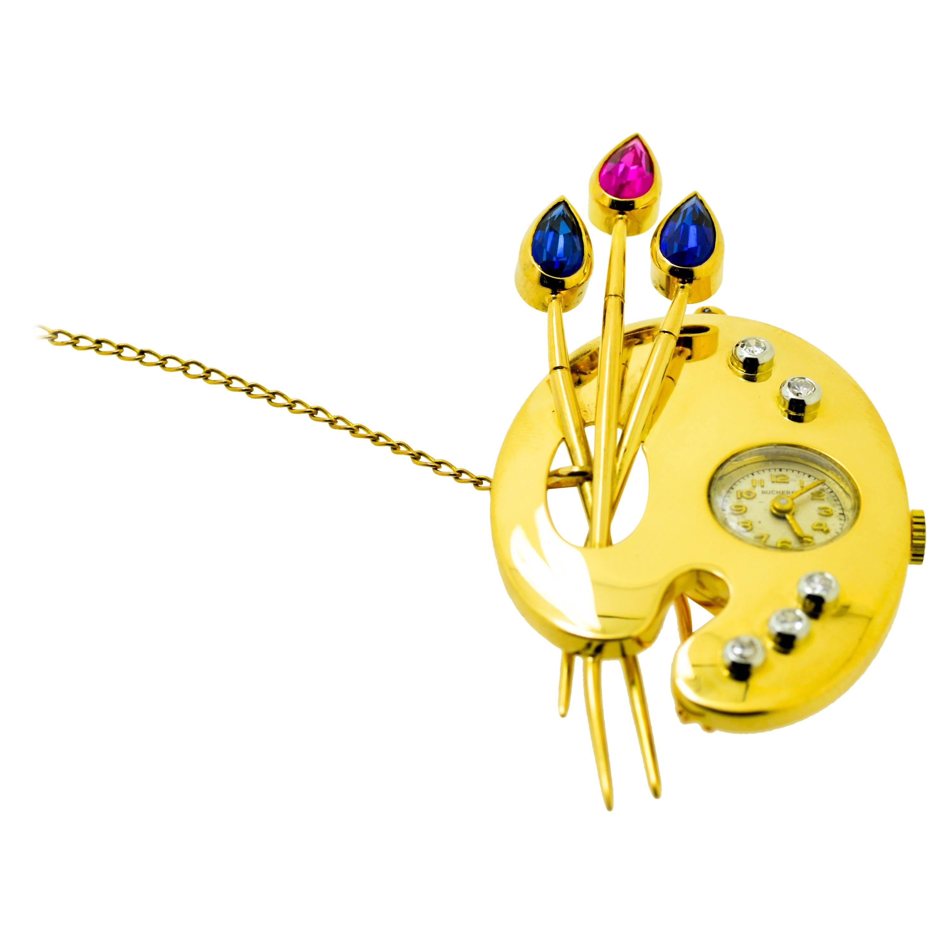 Diamond Sapphire and Ruby Gold Bucherer Clock Brooch For Sale