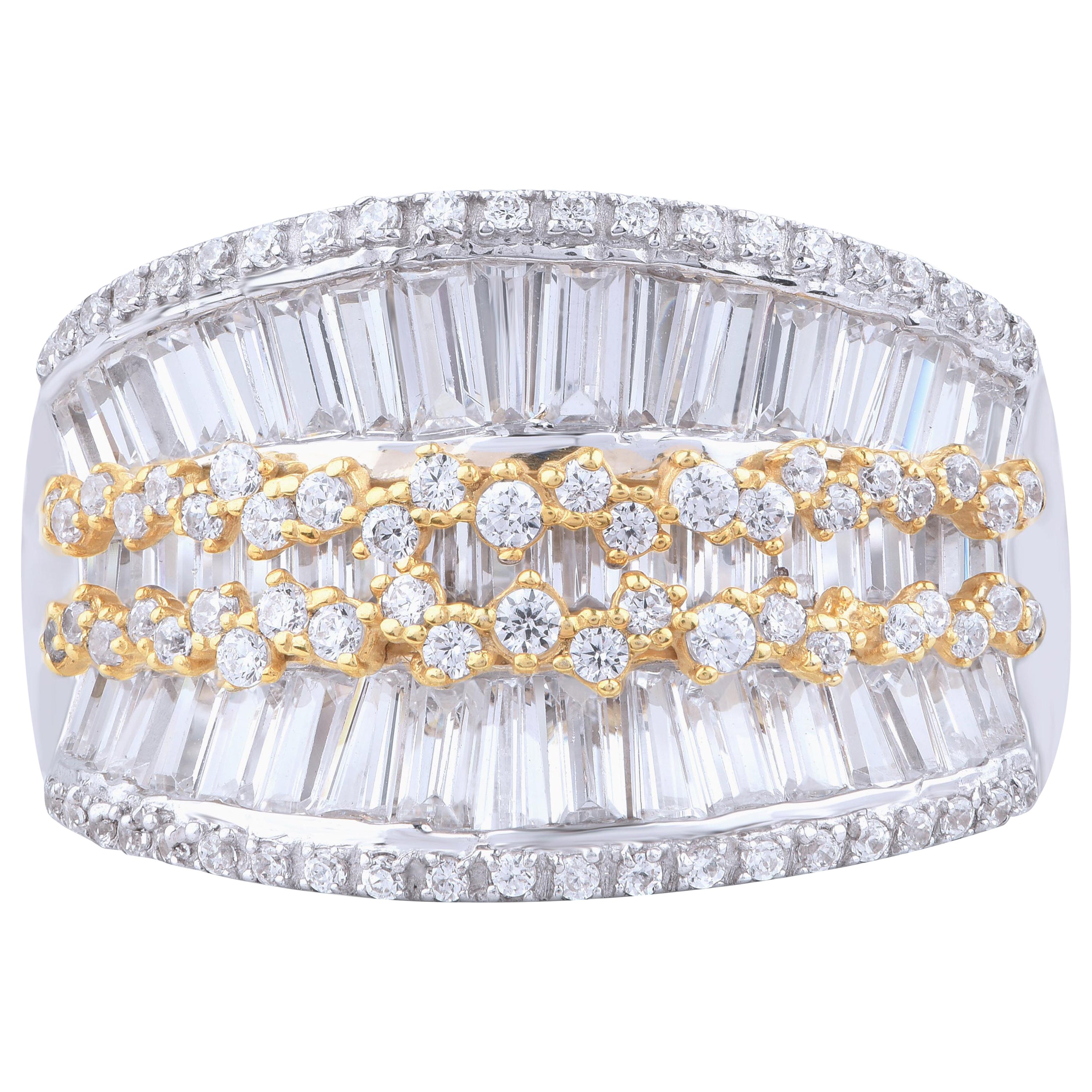 TJD 2.50 Carat Round and Baguette Diamond 18KT Two Tone Gold Wide Wedding Band For Sale