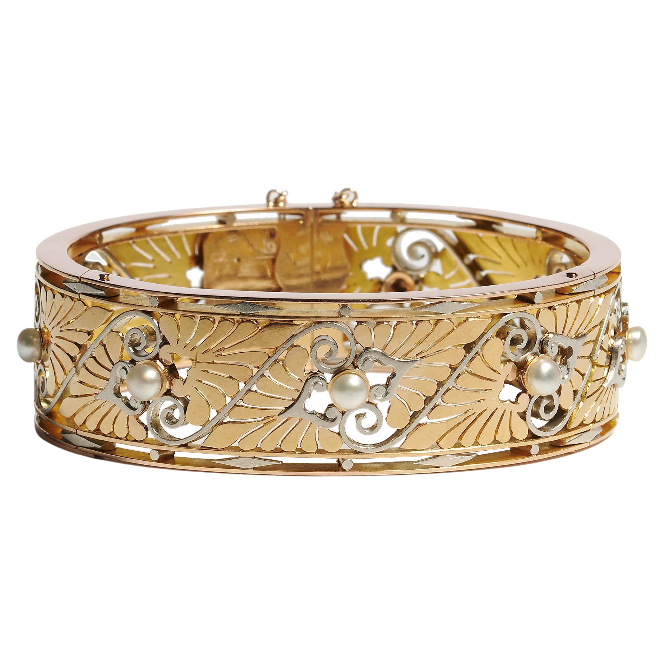 French Antique Greek Revival Pearl Gold and Platinum Bangle, Circa 1870 For Sale