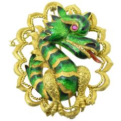 Enamel & Ruby Gold Dragon Brooch