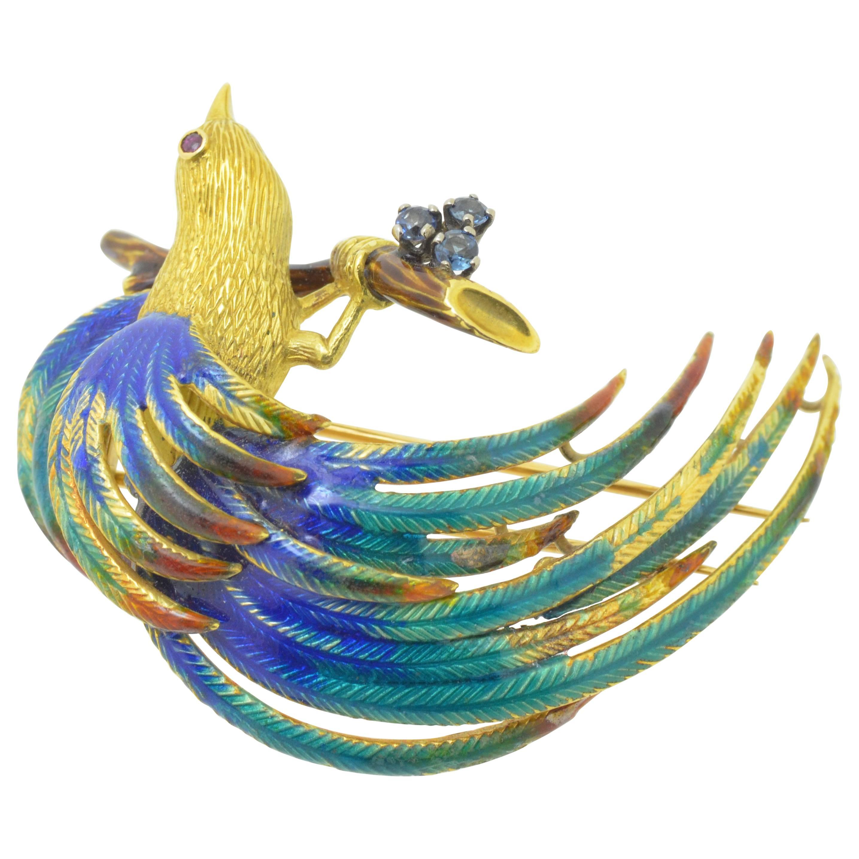 Enamel Ruby & Sapphire Gold Bird Brooch For Sale