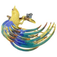 Vintage Enamel Ruby & Sapphire Gold Bird Brooch