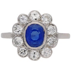 1930s English Art Deco Kashmir sapphire diamond cluster ring