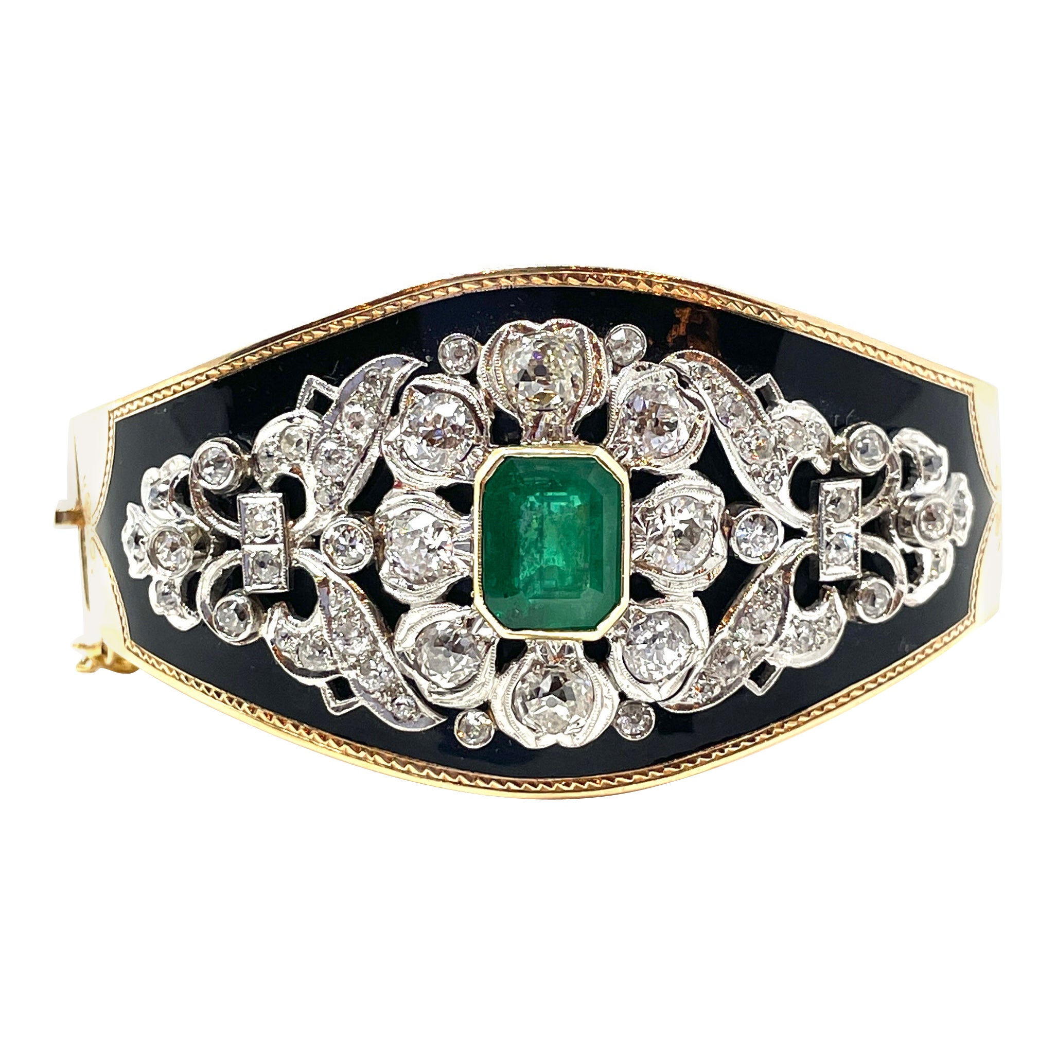 Antique Victorian 14K Gold Enamel, Diamond, and Emerald Bangle