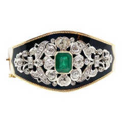 Antique Victorian 14K Gold Enamel, Diamond, and Emerald Bangle