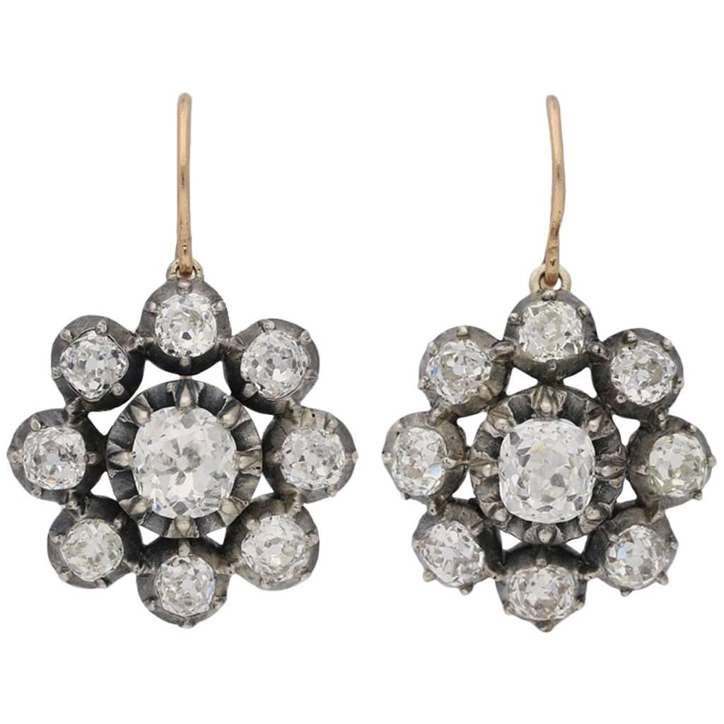 Antique Victorian diamond cluster pendant earrings For Sale