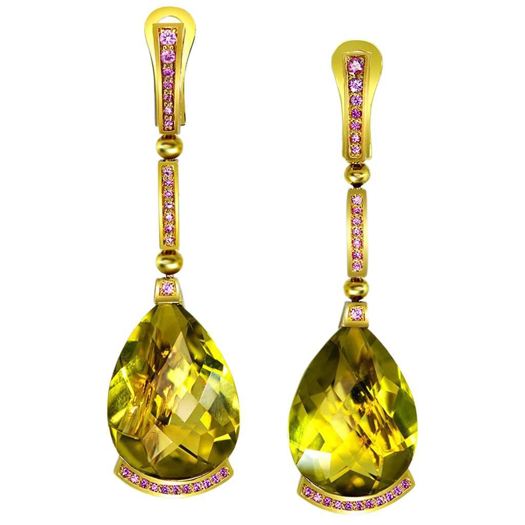 Alex Soldier Lemon Quartz Pink Sapphire Yellow Gold Drop Earrings Handmade in NY