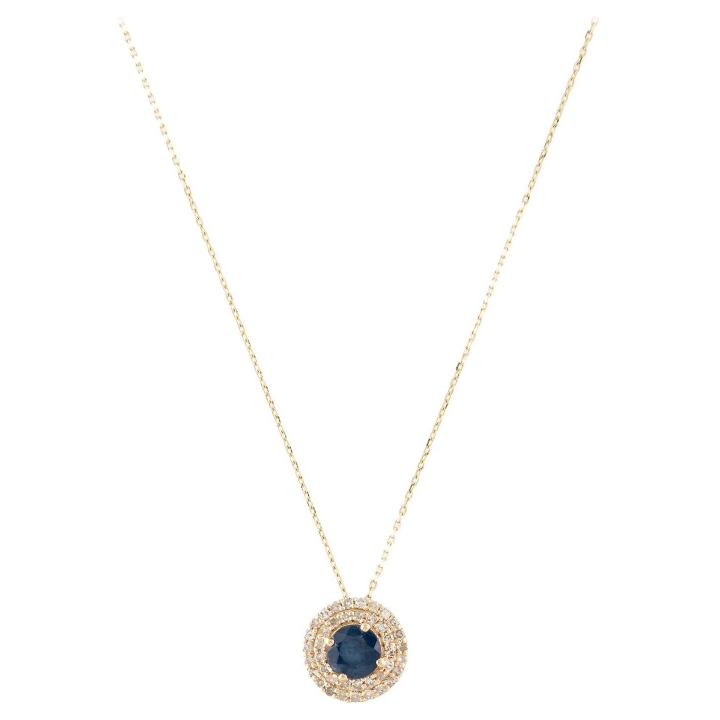 14K Yellow Gold Sapphire & Diamond Pendant Necklace  Round Brilliant For Sale