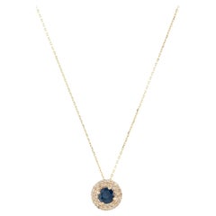 14K Yellow Gold Sapphire & Diamond Pendant Necklace  Round Brilliant