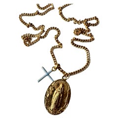 Medal Chain Necklace Enamel Cross Souvenir Vintage French Gold Plated