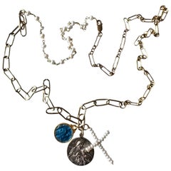 Pendant Necklace Multi Medal Blue Enamel Jesus White Pearl Cross Religious