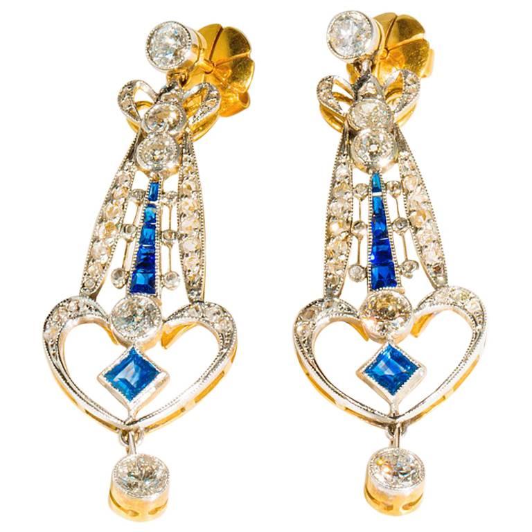 1920s Art Deco Sapphire Diamond Gold Platinum Drop Earrings For Sale