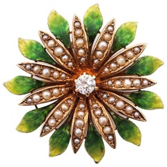 Antique EDWARDIAN 1908 Enameled Flower Pendant In 14Kt Yellow Gold With Diamond & Pearls