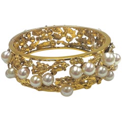 14k Yellow Gold Bangle with White Gold Pearls