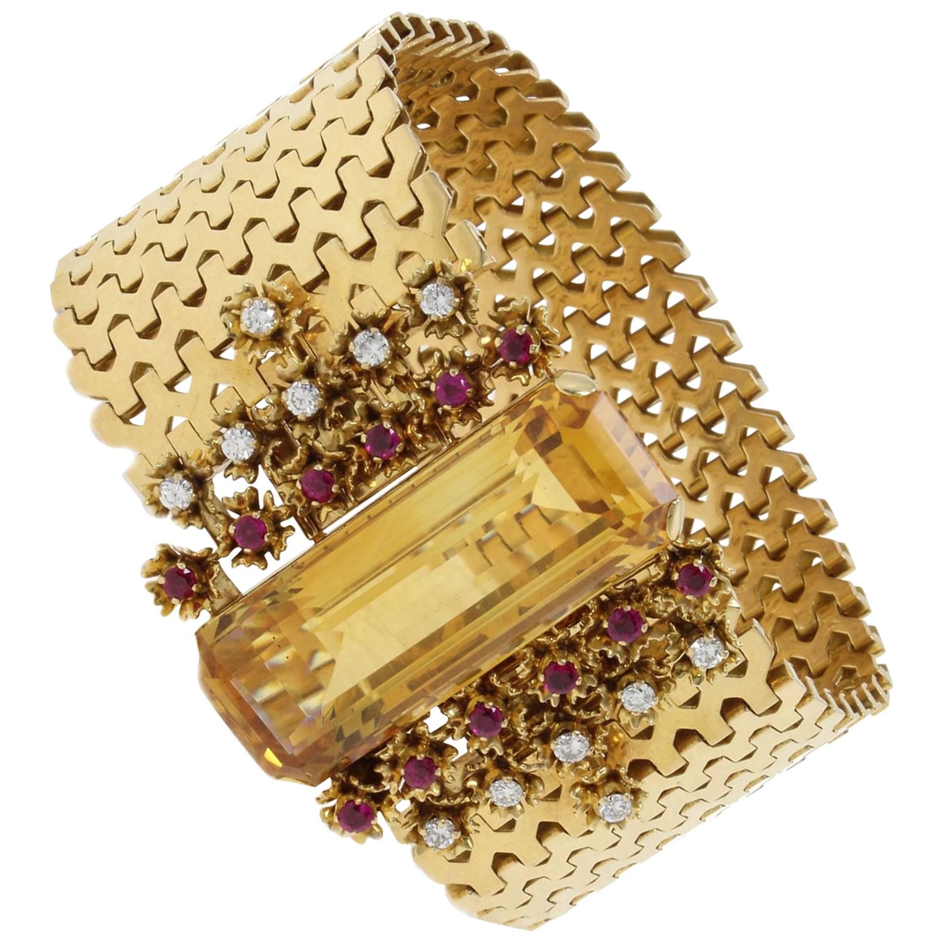 1960s Rubies Diamonds Topaz 18 Karat Gold Bracelet Brooch For Sale
