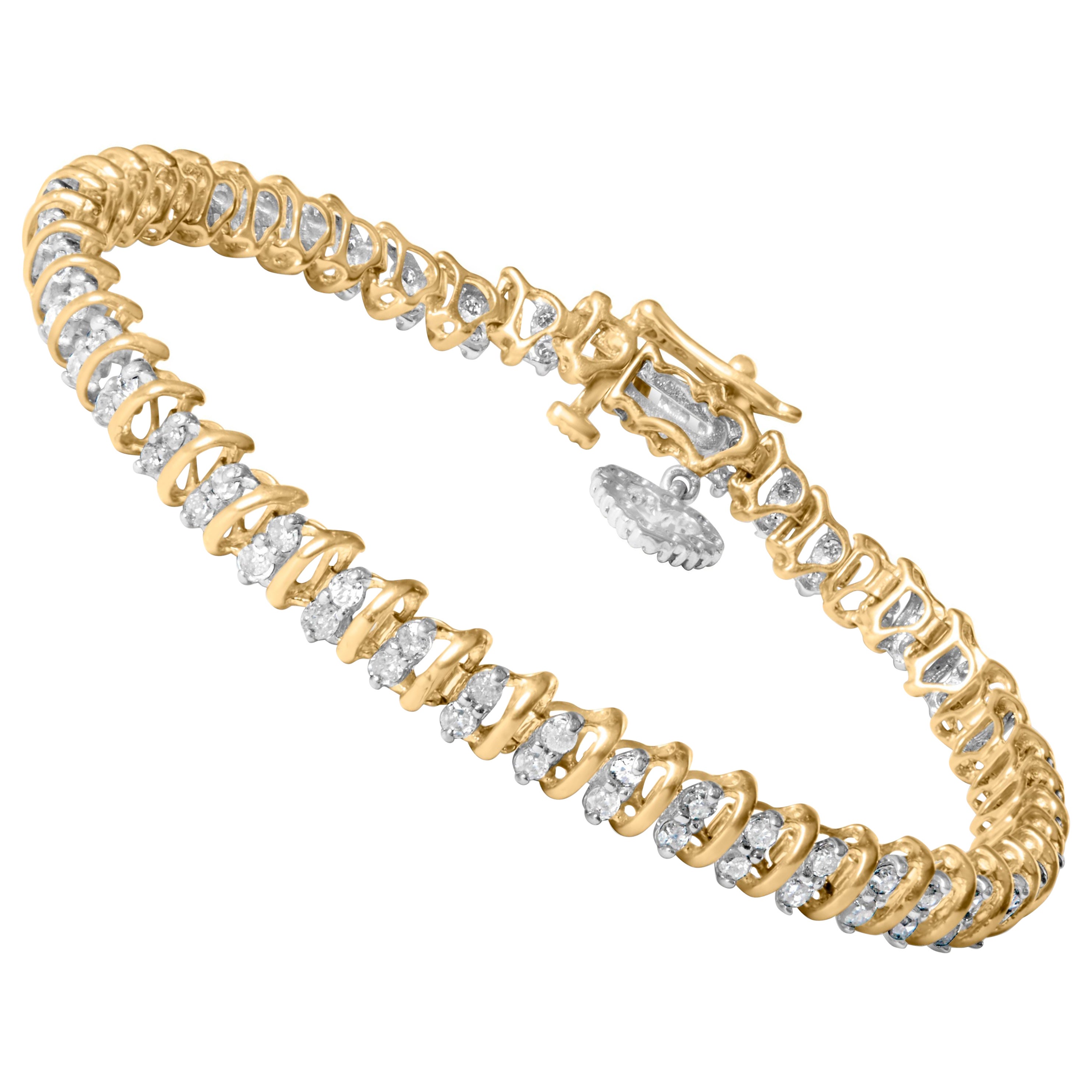 10K Yellow Gold 2.0 Cttw Diamond 2 Row Link and Heart Charm 7" Link Bracelet