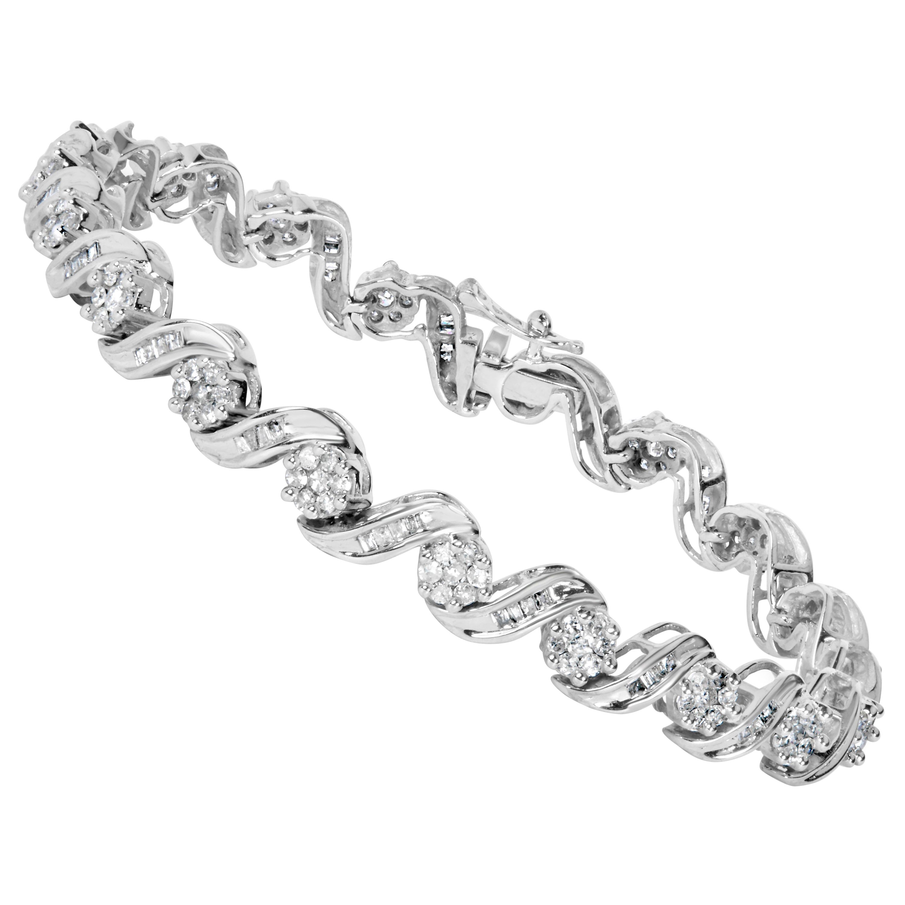 14K White Gold 2.00 Cttw Diamond Cluster and Spiral Link Bracelet- 7"