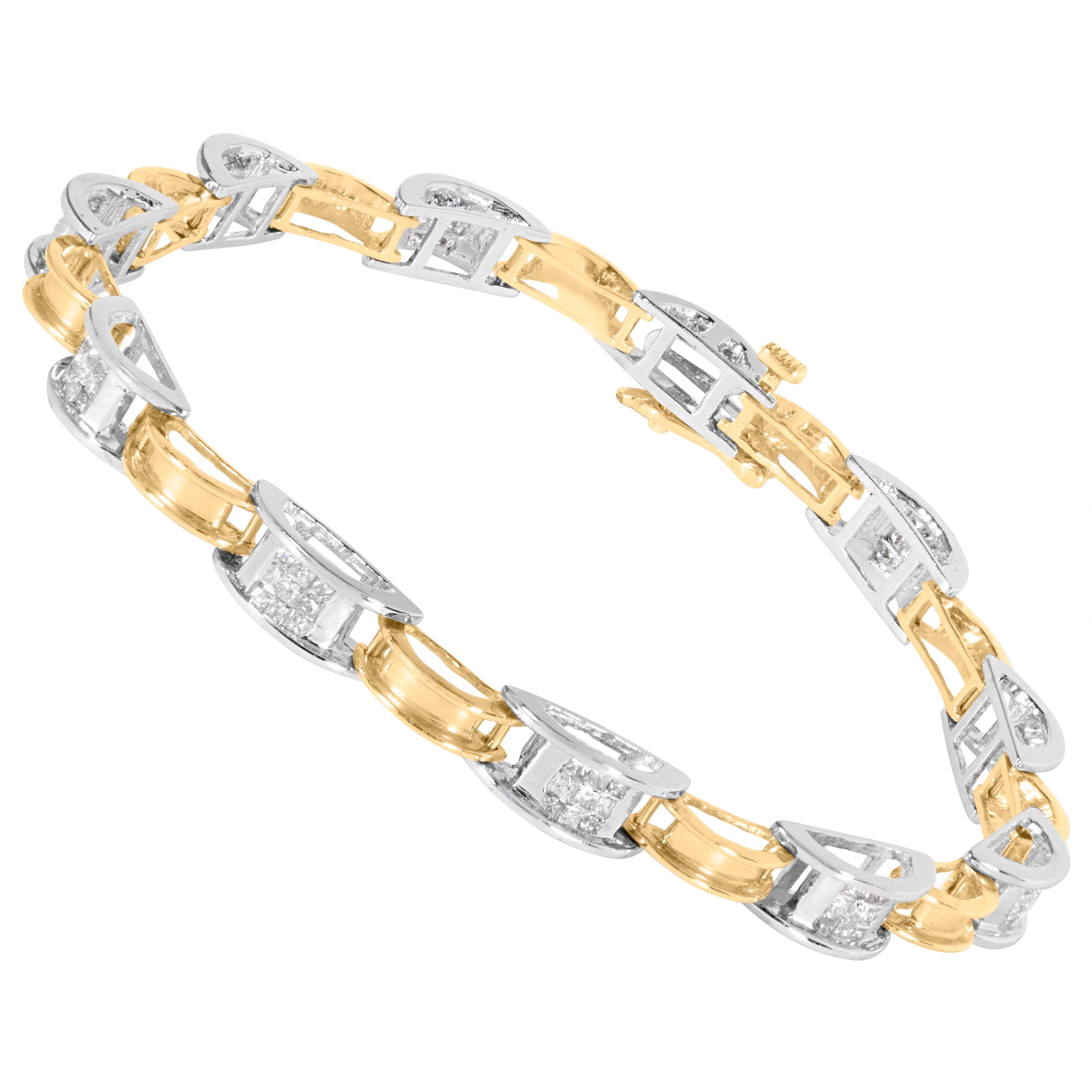14K Two-Tone Gold 1.00 Cttw Princess-Cut Diamond Chain Link 7" Bracelet