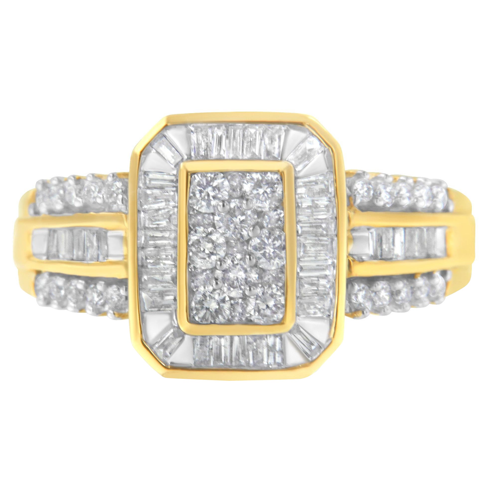 10K Yellow Gold Round and Baguette-Cut 1.0 Cttw Diamond Cocktail Ring