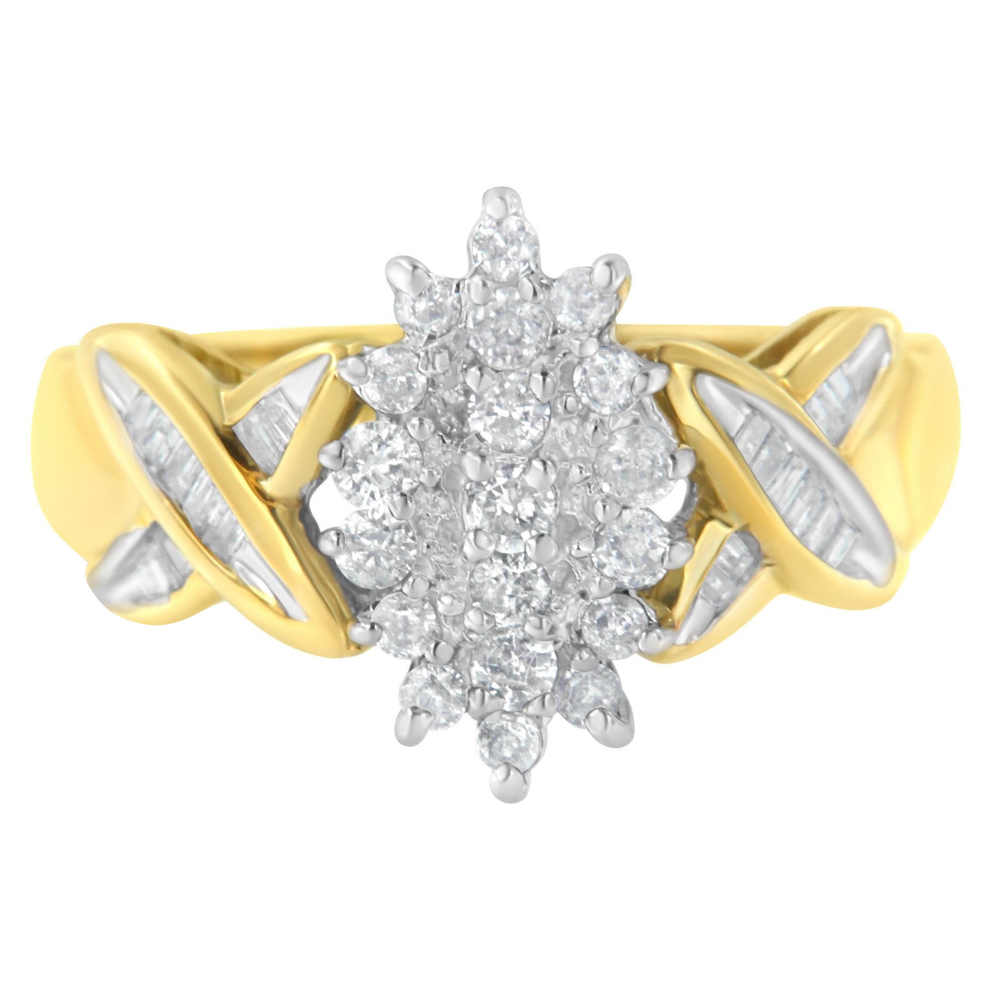 10K Two-Toned Gold Round Baguette 1/2 Cttw Diamond Cluster Ring