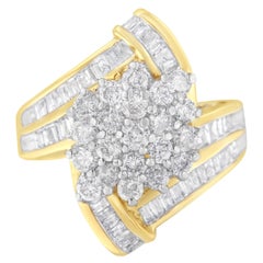10K Yellow Gold Round and Baguette 3.0 Cttw Diamond Crossover Cluster Ring