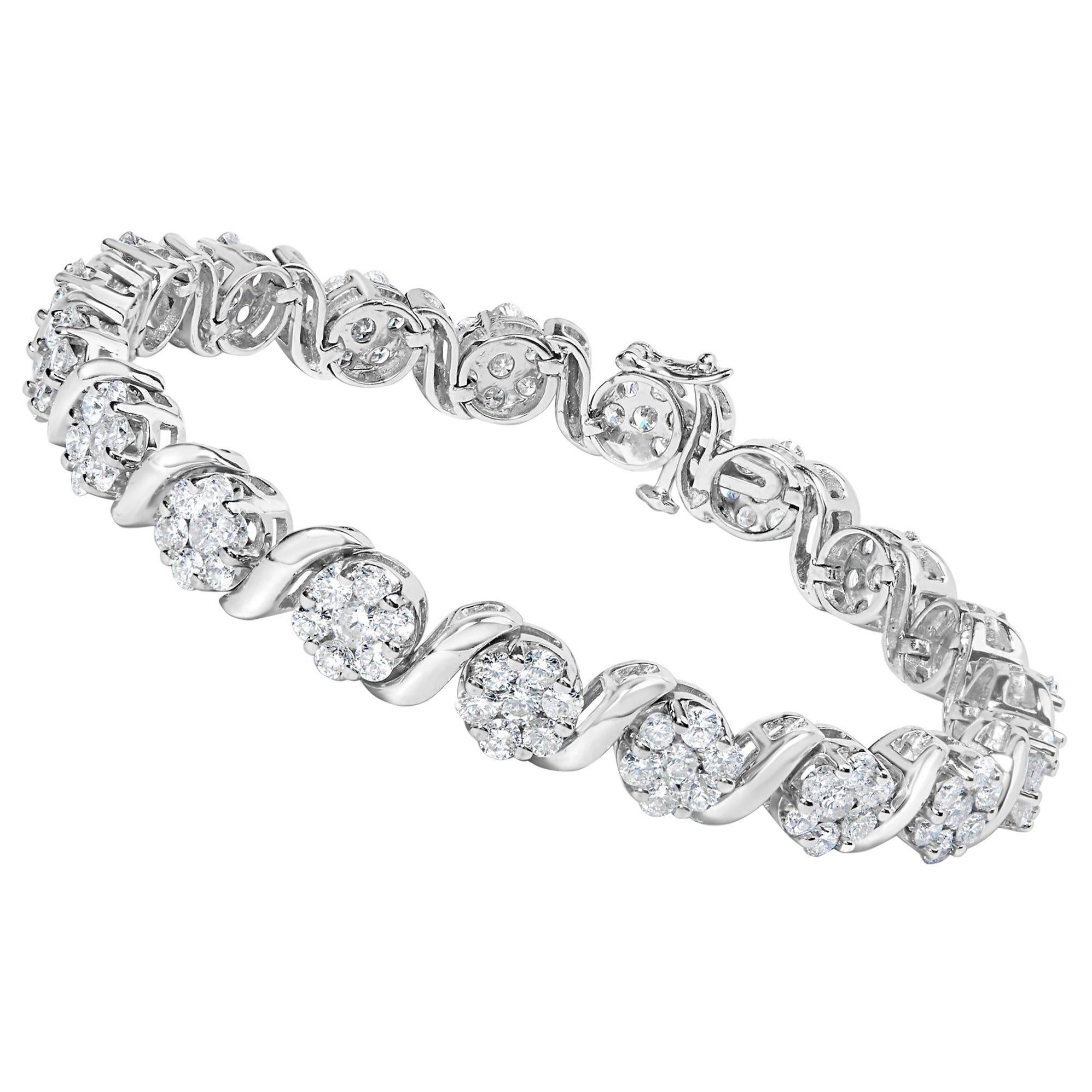 14K White Gold 7 3/8 Cttw Round Diamond Floral Cluster and S Link Bracelet