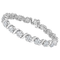 14K White Gold 7 3/8 Cttw Round Diamond Floral Cluster and S Link Bracelet