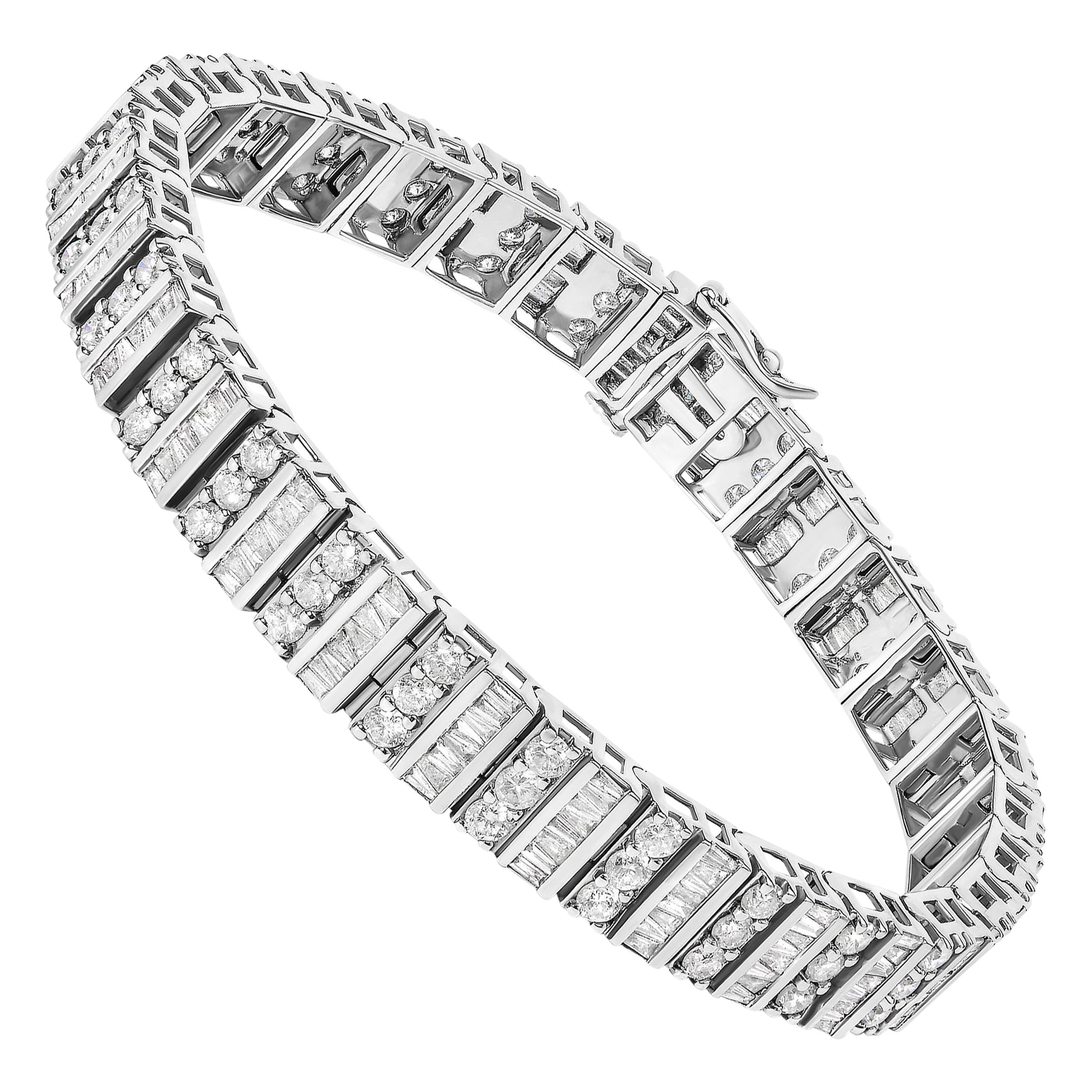 14K White Gold 6.00 Cttw Round and Baguette Diamond Tennis Bracelet- 7" Inches