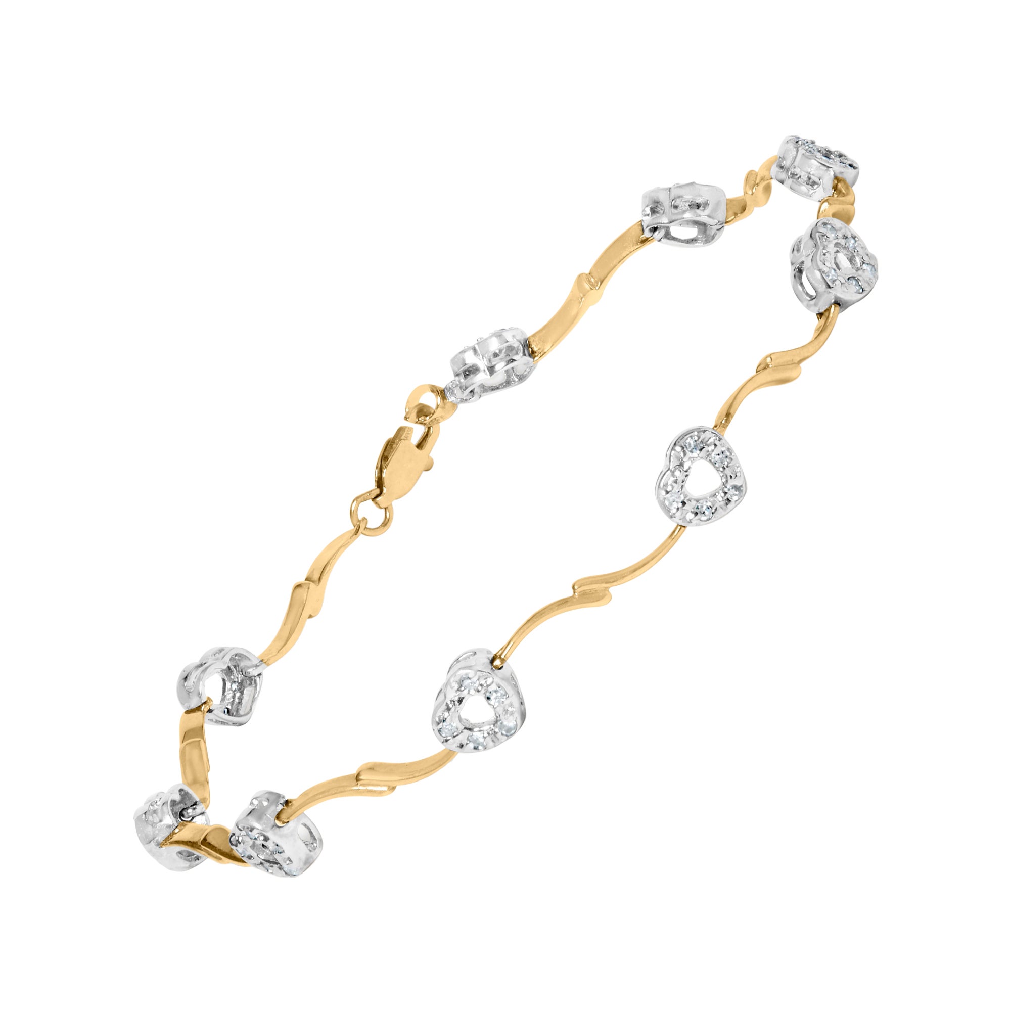 10k Two-Tone Gold 1/3 Cttw Diamond Pave Set Heart S-Link 7.25" Bracelet