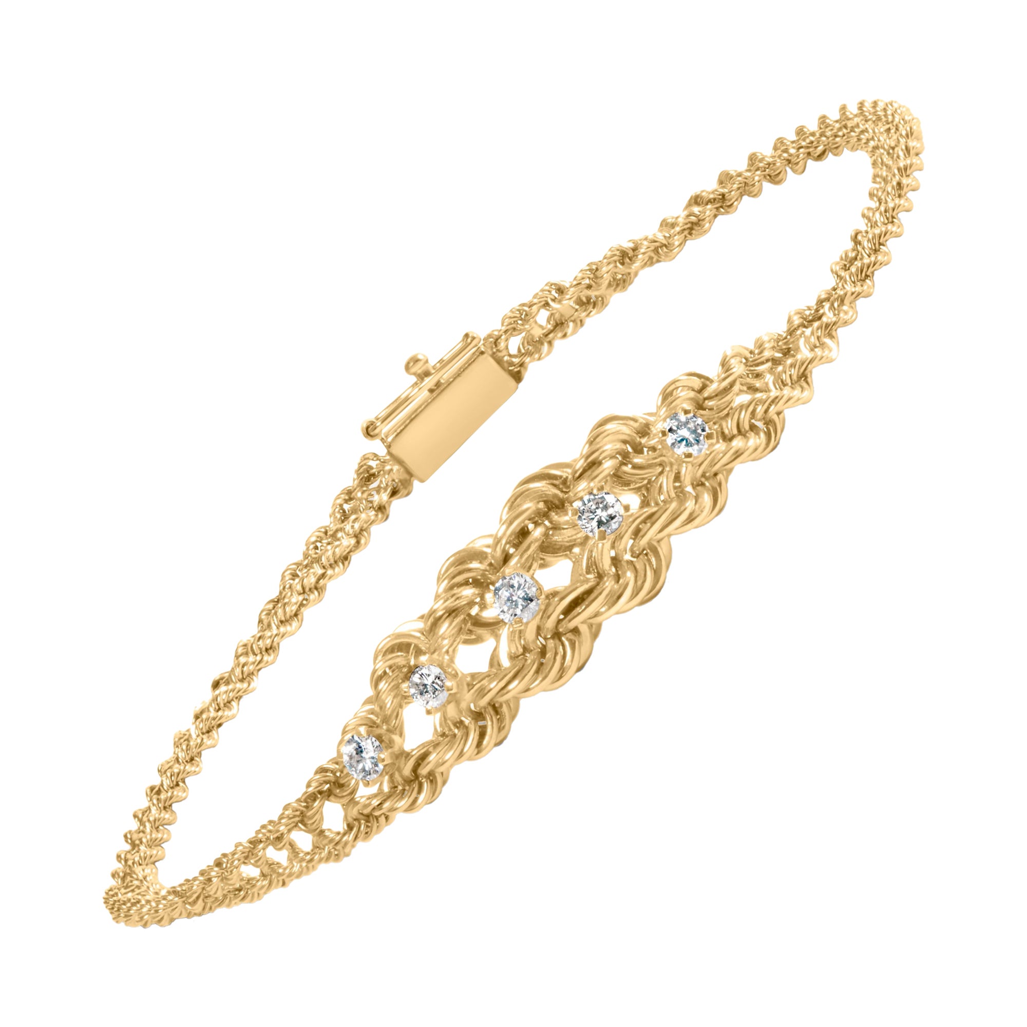10K Yellow Gold 1/4 Cttw Round Diamond Basket Weave Rope Chain Style 7" Bracelet