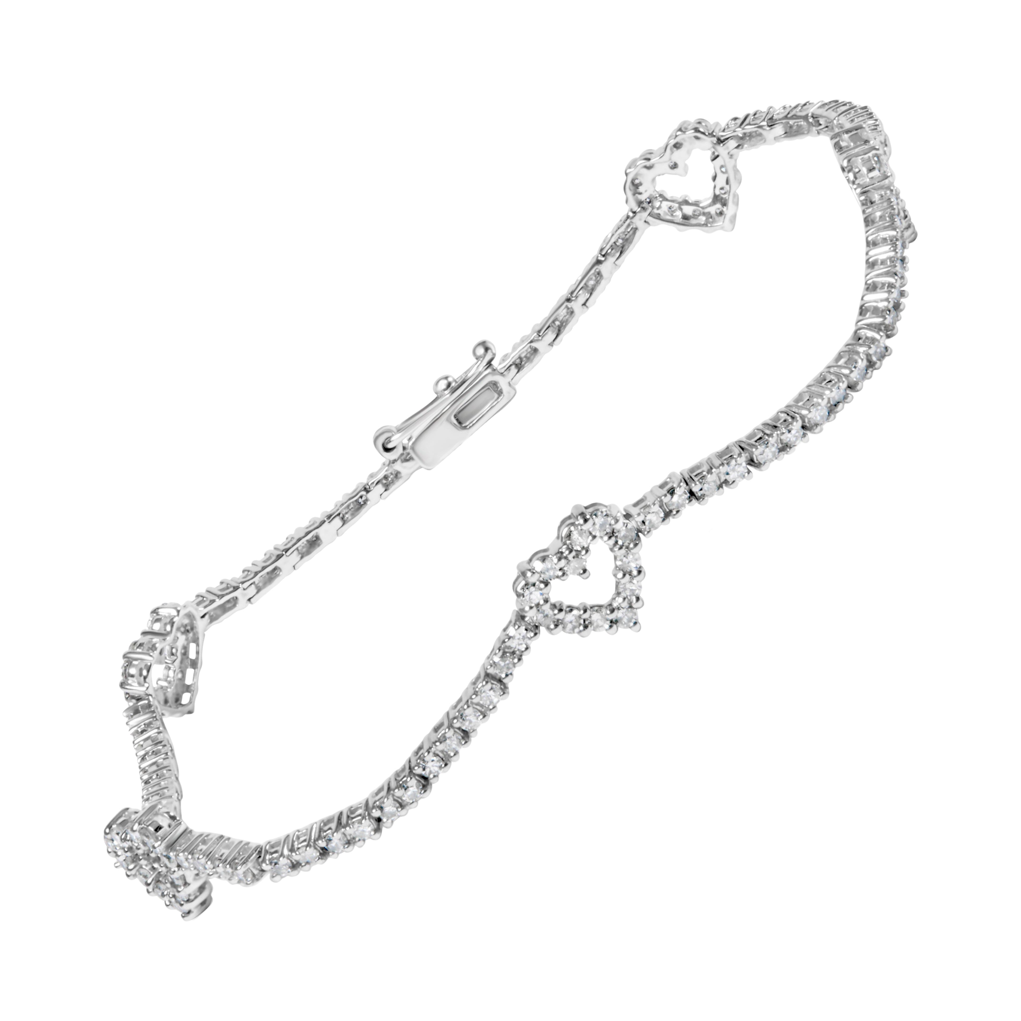 14K White Gold 1 1/2 Cttw Diamond Heart Station Strand Bracelet For Sale