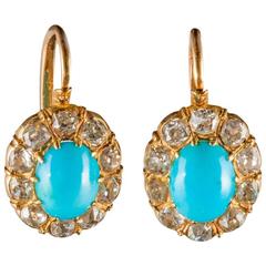 1900s Antique Edwardian turquoise diamond gold earrings 							
