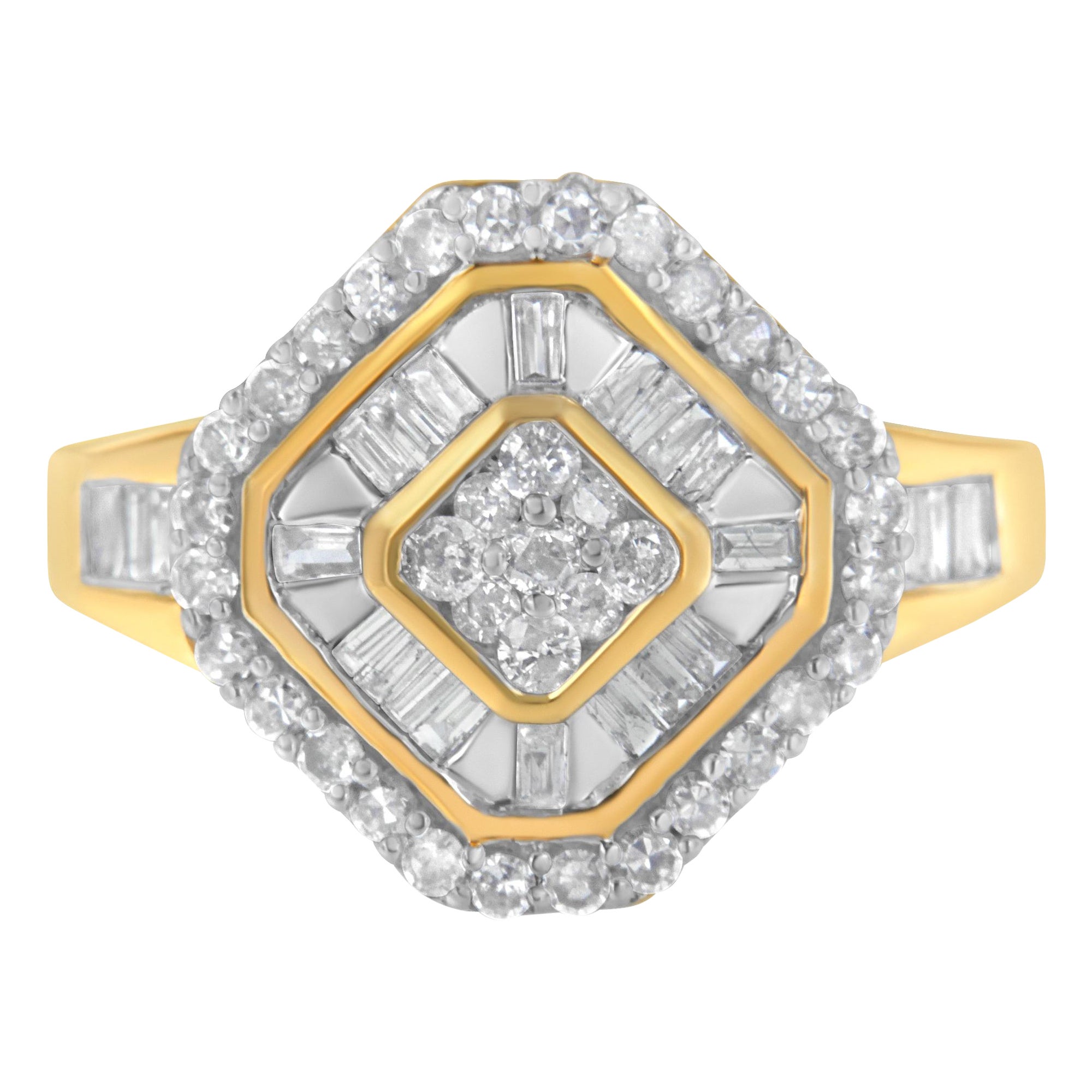 10K Yellow Gold Round and Baguette-Cut 1.0 Cttw Diamond Cocktail Ring
