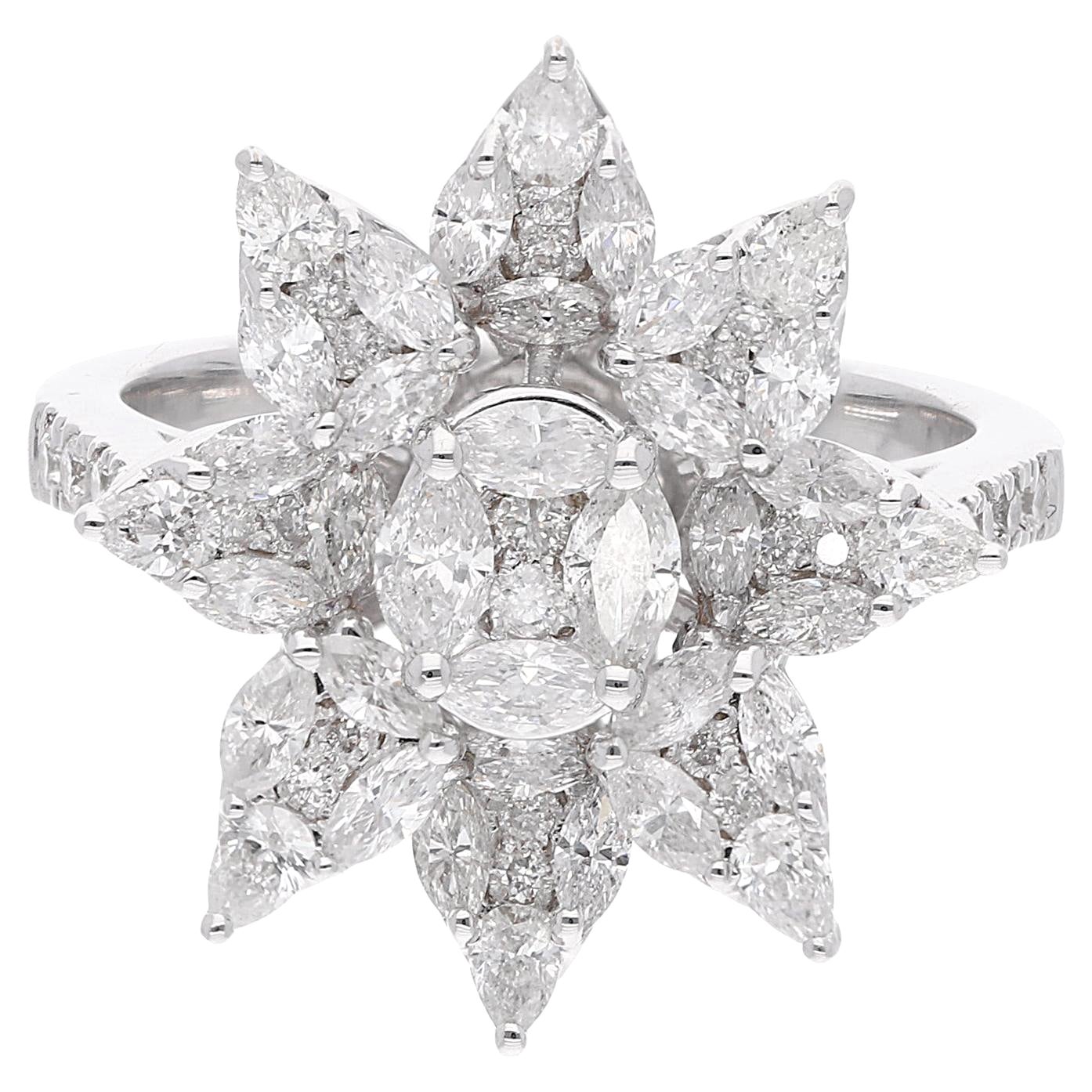 1.7ct SI/HI Marquise Pear Round Diamond Floral Ring 18 Karat White Gold Jewelry