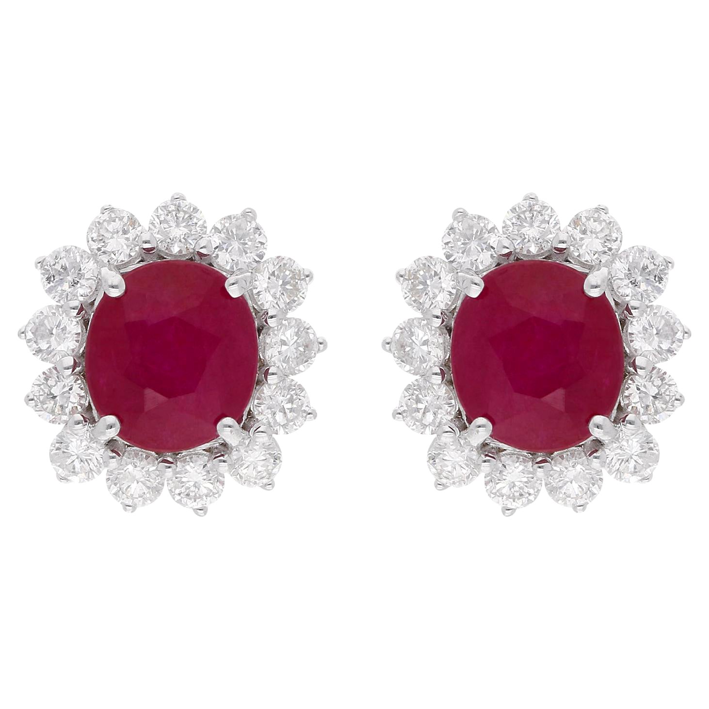 Natural 4.49 Carat Ruby Earrings 1.52 Carat SI/H Round Diamond 14k White Gold