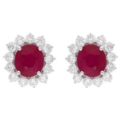 Boucles d'oreilles en or blanc 14 carats avec rubis naturel de 4,49 carats et diamants ronds de 1,52 carat SI/H