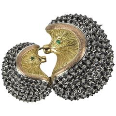 Mother and Baby Hedgehog Black Diamond Gold Brooch Pin 8