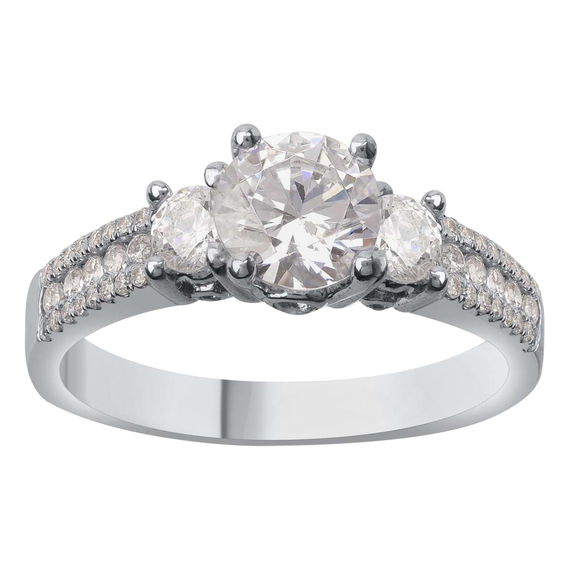 TJD 1.60 Carat Diamond 18 Karat White Gold 3-Stone Vintage Engagement Ring For Sale