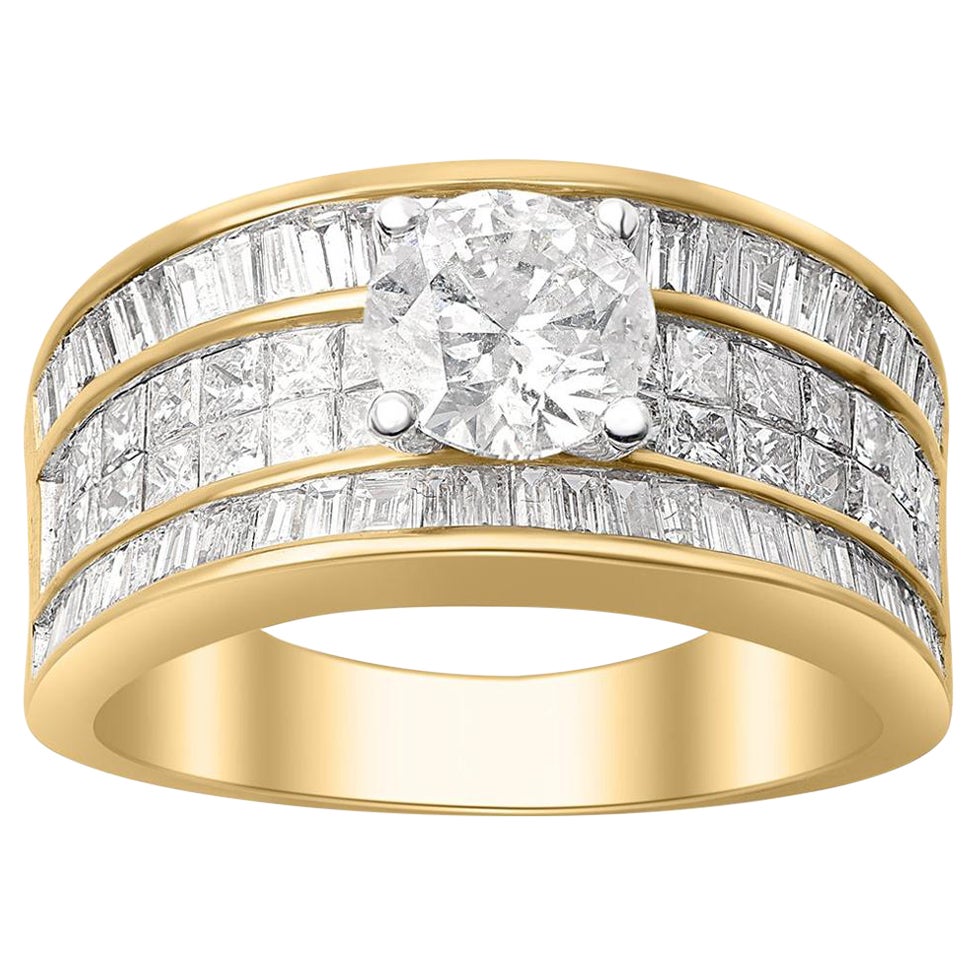 TJD 2.50 CT Round, Princess and Baguette Diamond 18KT Yellow Gold Multi Row Ring