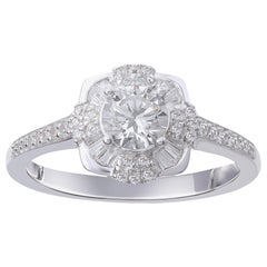 TJD 1,0 Karat Weißgold Vintage Verlobungsring mit rundem und Baguette-Diamant 18 Karat Weißgold