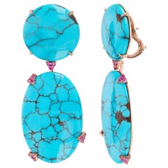 Michael Kanners Natural Turquoise and Ruby Rose Gold Drop Earrings