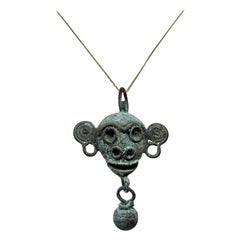Antique Ancient Mixtec Copper Bell Monkey Pendant Necklace Mexican 16th Century