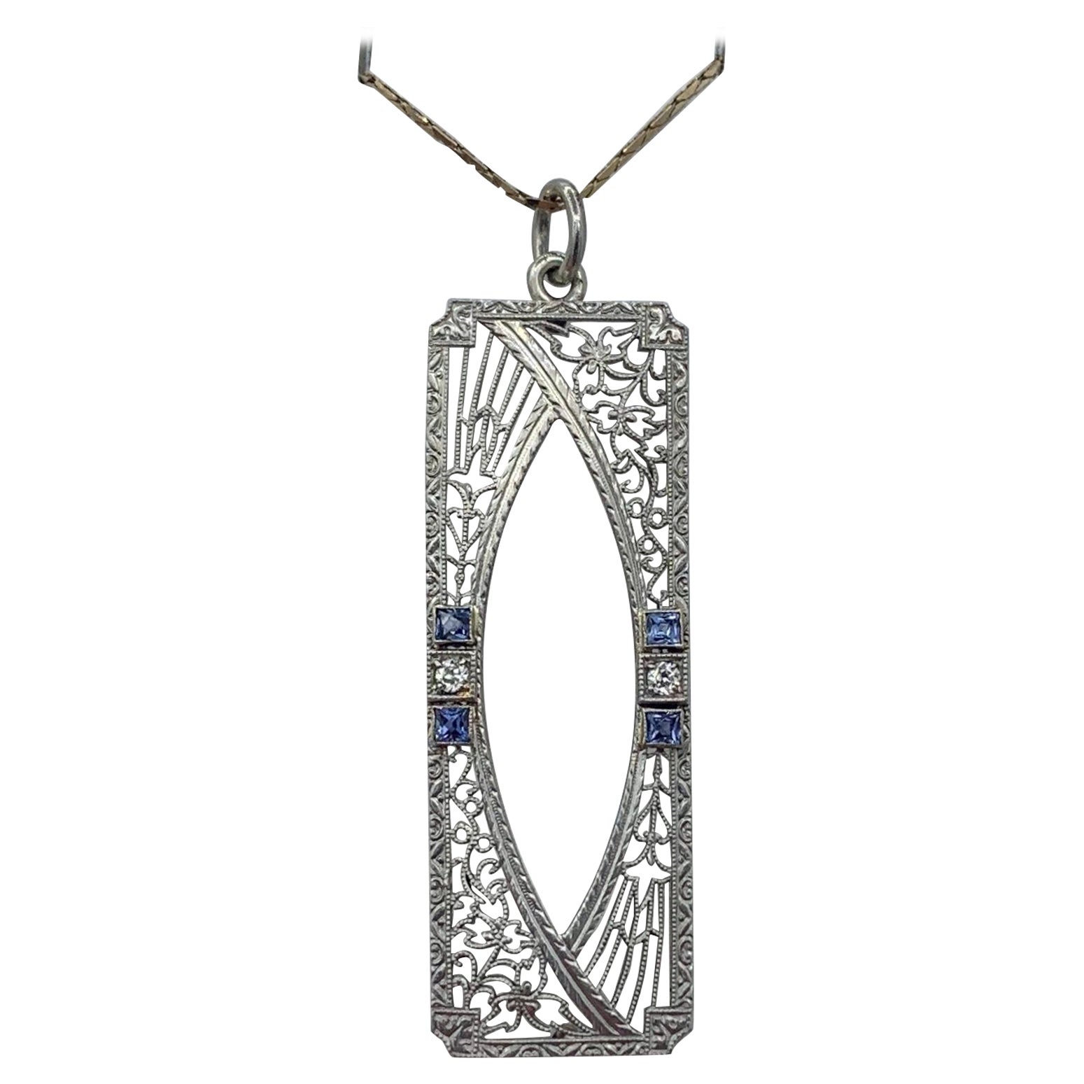 Art Deco Sapphire Old Mine Diamond Pendant Lavalier Necklace Filigree White Gold