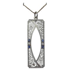 Art Deco Sapphire Old Mine Diamond Pendant Lavalier Necklace Filigree White Gold