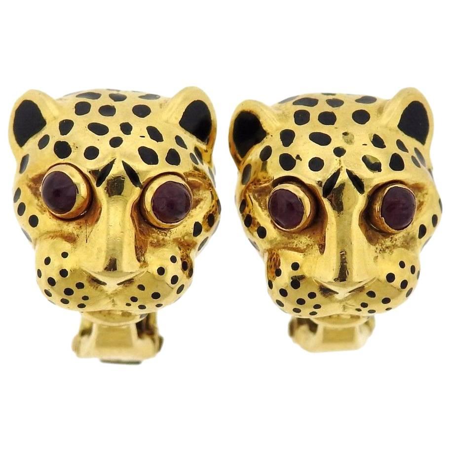 David Webb Ruby Enamel Gold Leopard Earrings