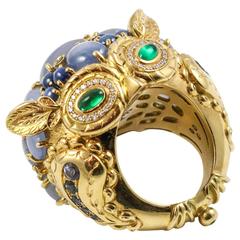 Temple St. Clair Grey Star Sapphire Emerald Diamond Athena Owl Ring 