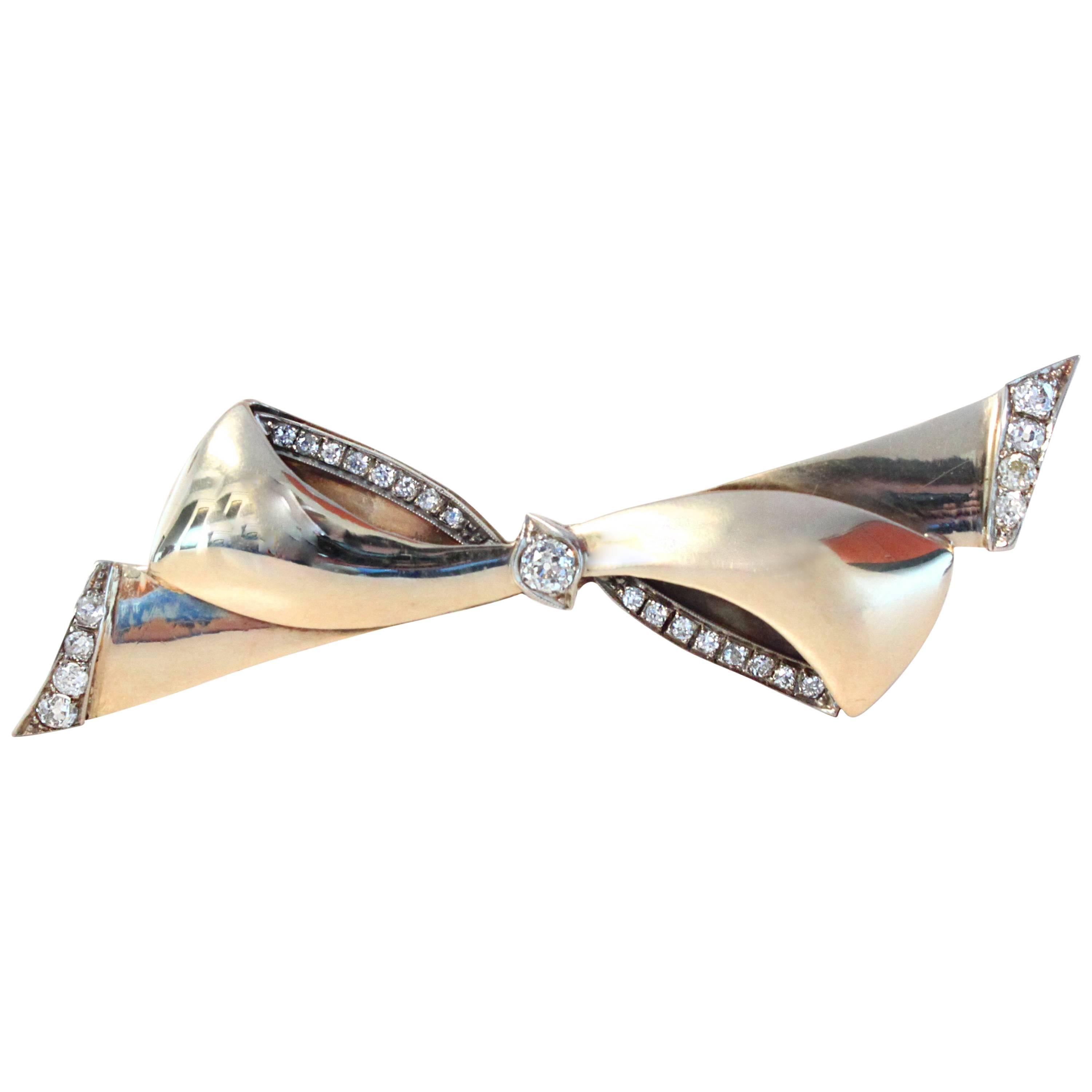 1940s Cartier Diamond Gold Bow Brooch For Sale