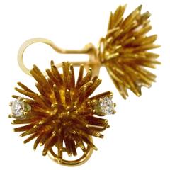 Gold And Diamond Sea Urchin Ear Clips circa 1960